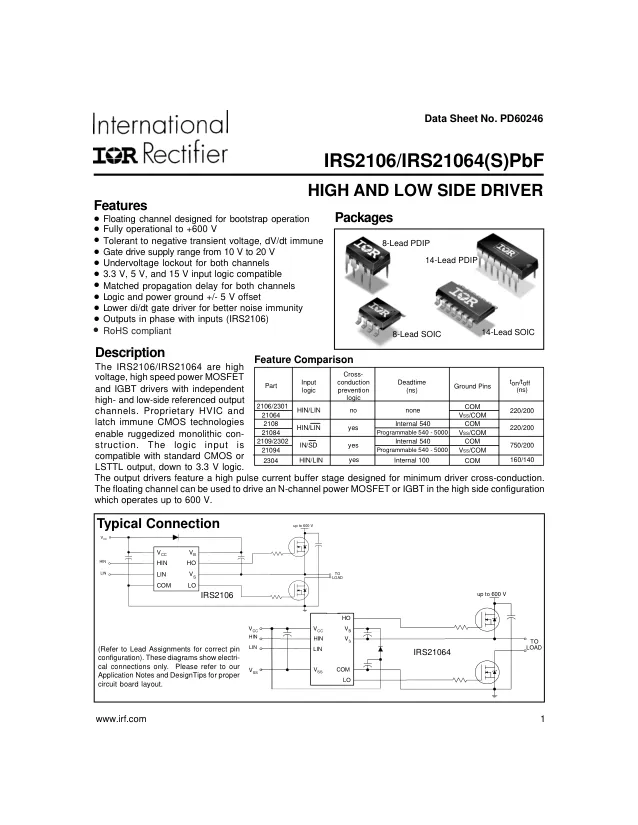 IRS2106STRPBF,Gate Driver, 2 Channels, High Side and Low Side, MOSFET, 8 Pins, SOIC - Переключатели распределения питания, драйверы нагрузки файл 1
