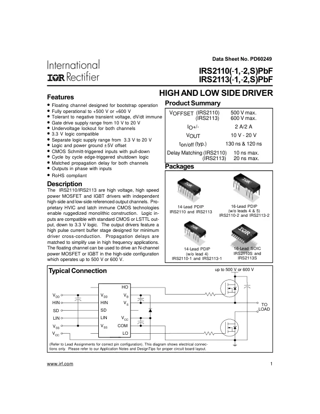 IRS2110STRPBF,Gate Driver, 2 Channels, High Side and Low Side, MOSFET, 16 Pins, SOIC - Переключатели распределения питания, драйверы нагрузки файл 1