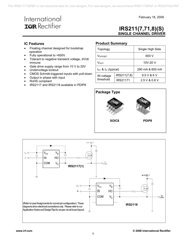 IRS2117STRPBF, Gate Drivers Sngl Hi Sd Drvr NonInvrt Inpt - Переключатели распределения питания, драйверы нагрузки файл 1