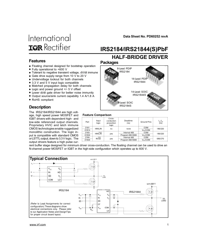 IRS21844PBF, Driver 2-OUT High Side/Low Side Half Brdg Non-Inv 14-Pin PDIP Tube - Переключатели распределения питания, драйверы нагрузки файл 1