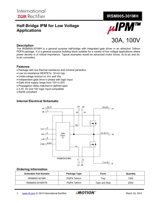 IRSM005-301MH, H Bridge Power Module 27-Pin QFN EP Tray - Переключатели распределения питания, драйверы нагрузки файл 1