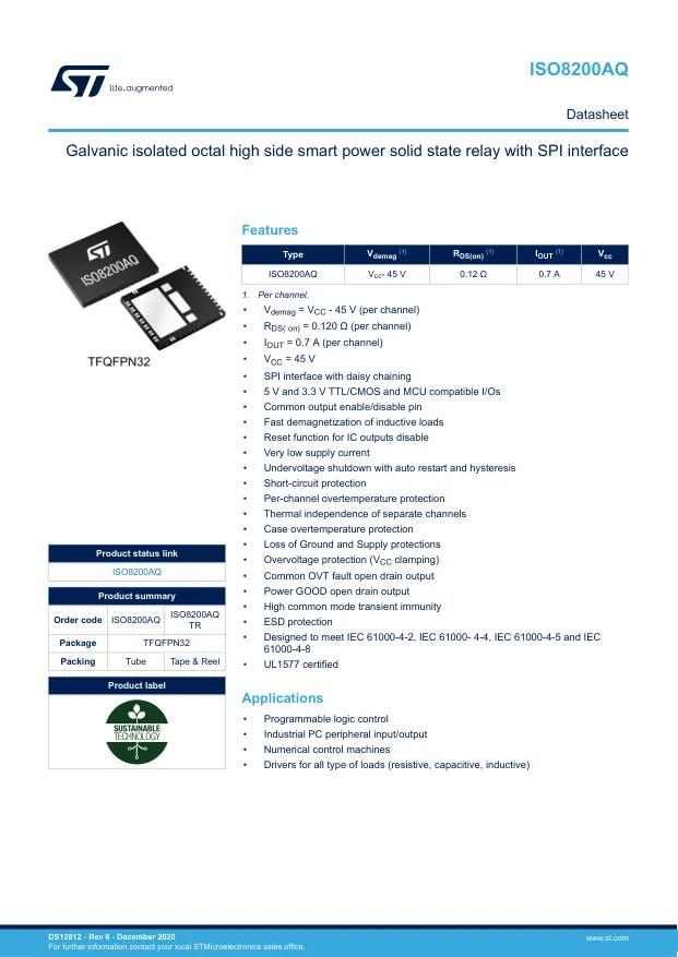 ISO8200AQTR, Power Switch ICs - Power Distribution Galvanic Isolated Octal High Side Smart Power Solid State Relay with SPI interfa - Переключатели распределения питания, драйверы нагрузки файл 1