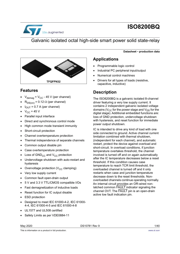 ISO8200BQ, Power Switch ICs - Power Distribution Galvanic isolated octal high-side smart power solid state-relay - Переключатели распределения питания, драйверы нагрузки файл 1
