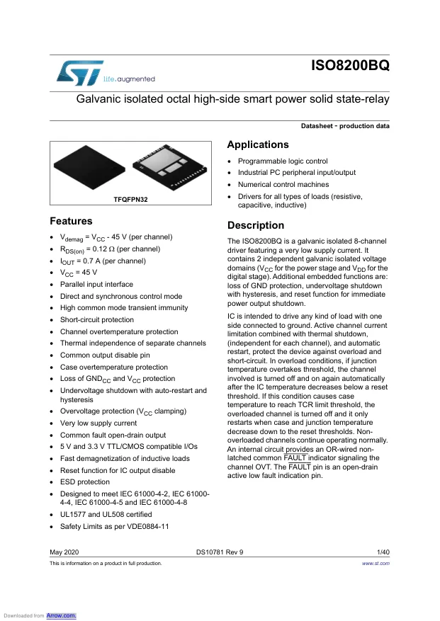 ISO8200BQTR, Power Switch ICs - Power Distribution Galvanic isolated octal high-side smart power solid state-relay - Переключатели распределения питания, драйверы нагрузки файл 1