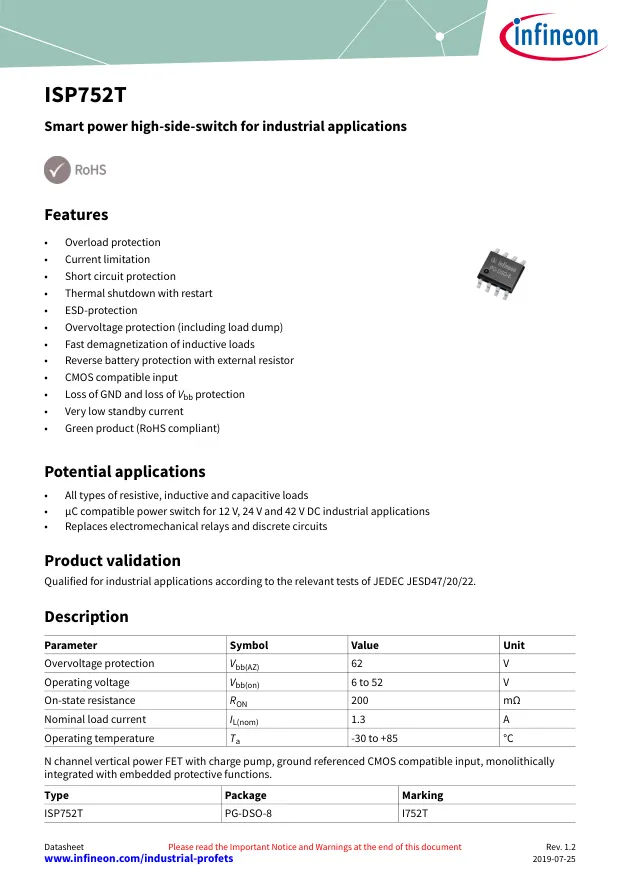 ISP752T, Power Switch ICs - Power Distribution Smart High Side 200mOhm 6-52V 1 3A - Переключатели распределения питания, драйверы нагрузки файл 1