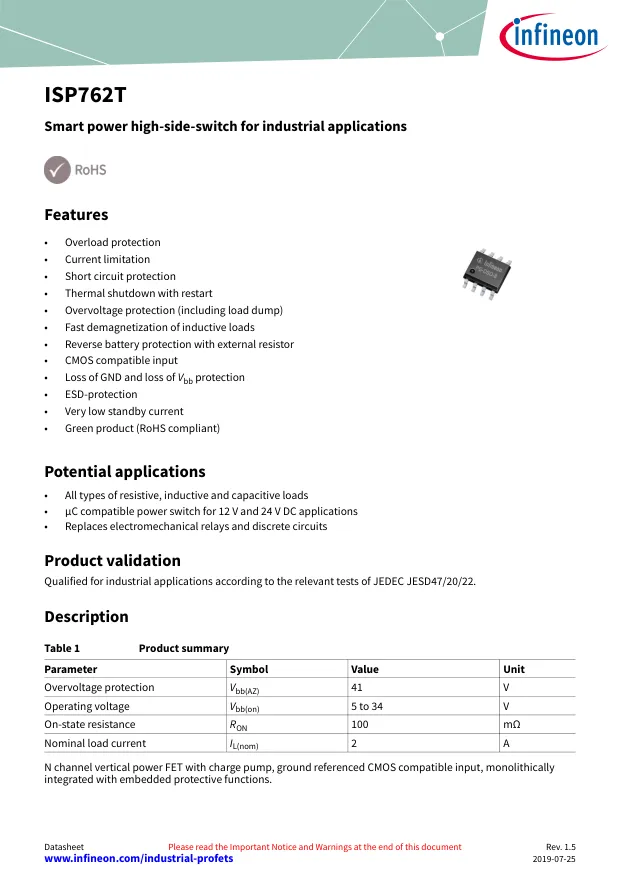 ISP762TFUMA1, Power Switch ICs - Power Distribution SMART PWR HI SIDE SWITCH INDUSTRY APP - Переключатели распределения питания, драйверы нагрузки файл 1