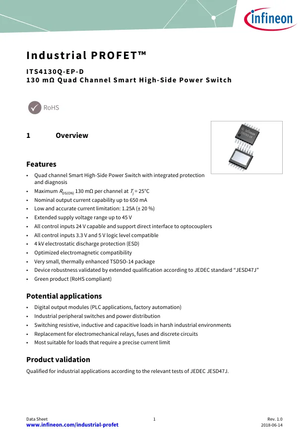 ITS4130QEPDXUMA1, Power Switch ICs - Power Distribution PROFET 24V/48V - Переключатели распределения питания, драйверы нагрузки файл 1