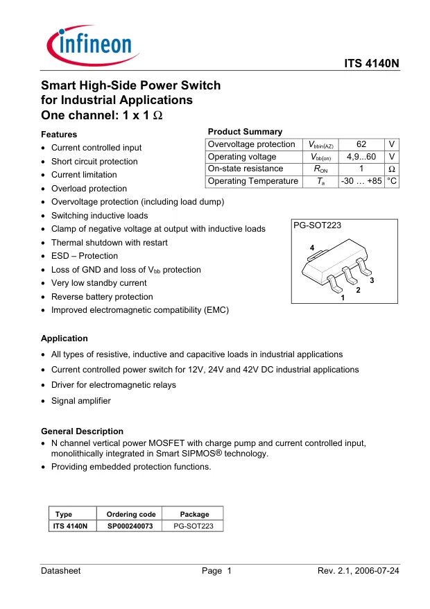 ITS4140N, IC: power switch; high-side; 200mA; Ch: 1; N-Channel; THT; SOT223-4 - Переключатели распределения питания, драйверы нагрузки файл 1