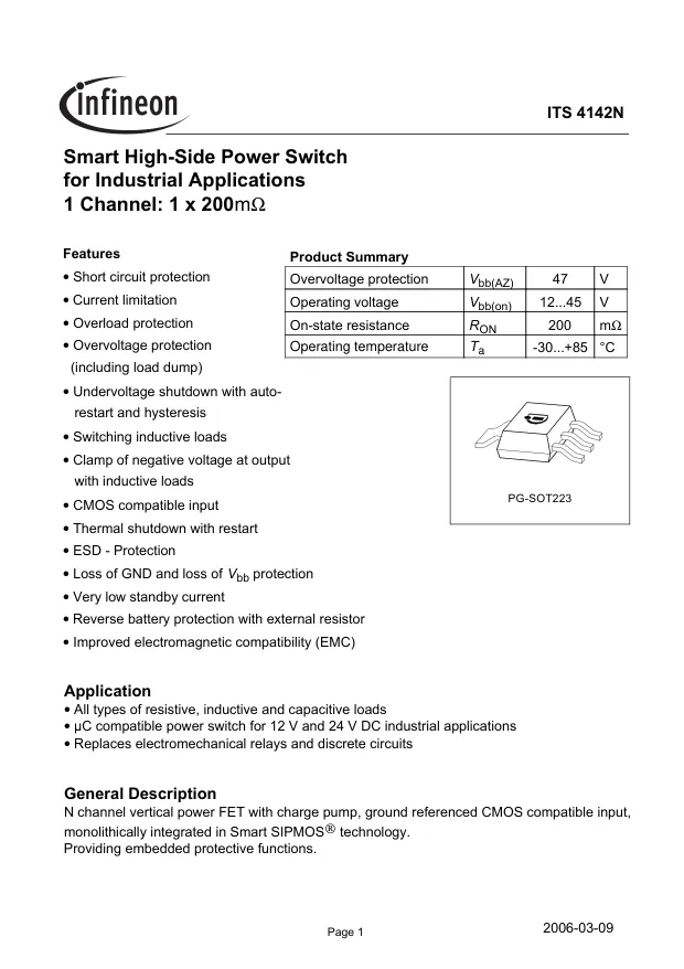 ITS4142N, Power Switch ICs - Power Distribution SMART HI SIDE SWITCH INDUSTRIAL APPS - Переключатели распределения питания, драйверы нагрузки файл 1