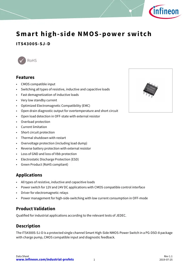 ITS4300S-SJ-D, Power Switch ICs - Power Distribution MINI-PROFET - Переключатели распределения питания, драйверы нагрузки файл 1