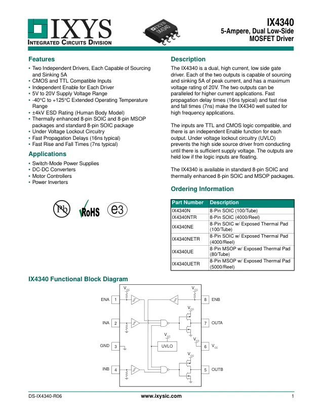 IX4340N, Gate Drivers 5A 20V 8-Pin SOIC Low side Gate Driver - Переключатели распределения питания, драйверы нагрузки файл 1
