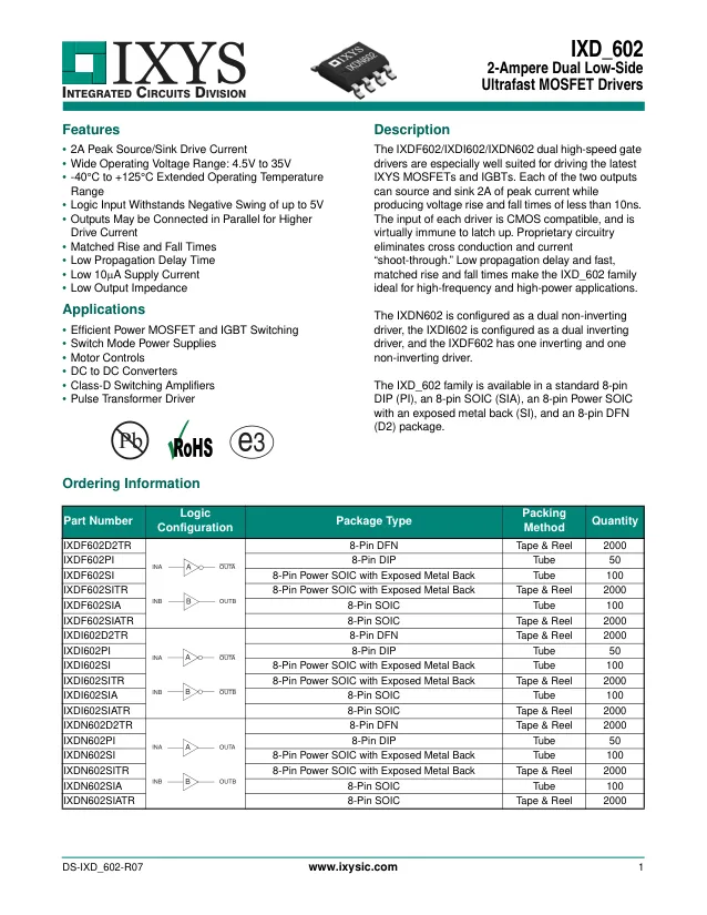 IXDI602D2TR, Gate Drivers 2-A Dual Low-Side Ultrafast MOSFET - Переключатели распределения питания, драйверы нагрузки файл 1
