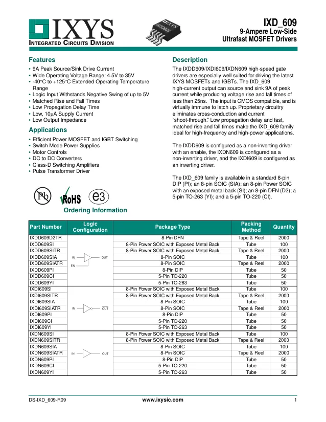 IXDI609YI, Gate Drivers 9-Ampere Low-Side Ultrafast MOSFET - Переключатели распределения питания, драйверы нагрузки файл 1