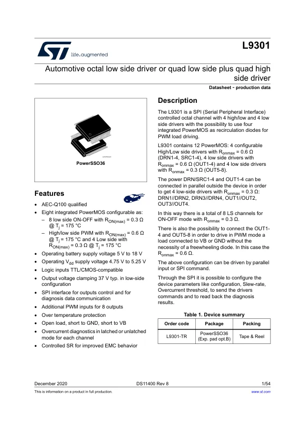 L9301-TR, Gate Drivers Octal low side driver or quad low side plus quad high side driver - Переключатели распределения питания, драйверы нагрузки файл 1