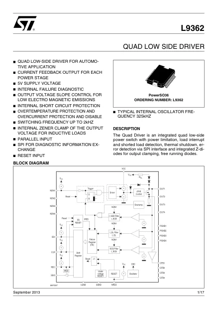 L9362013TR, Gate Drivers Quad Low Side Driver 5V - Переключатели распределения питания, драйверы нагрузки файл 1
