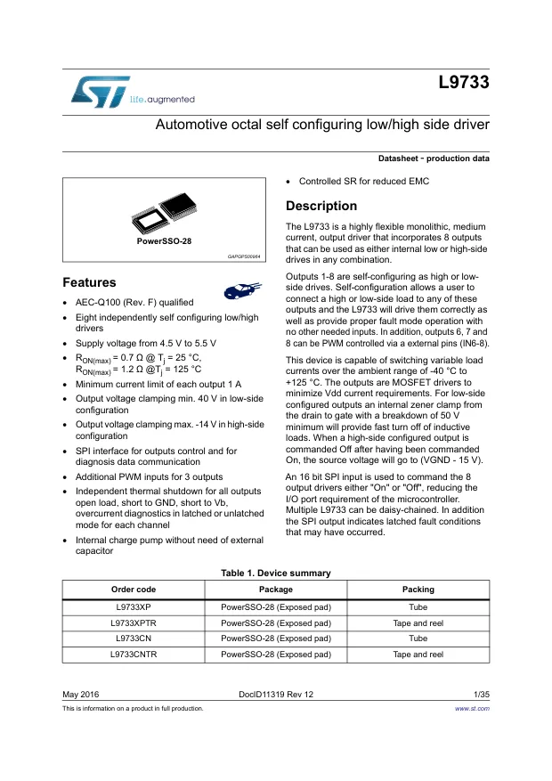 L9733XPTR, Gate Drivers Octal self Config Low/High Side Driver - Переключатели распределения питания, драйверы нагрузки файл 1
