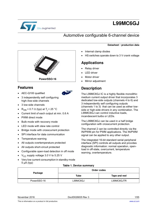 L99MC6GJTR, Power Switch ICs - Power Distribution Automotive Configurable 6-Channel Device - Переключатели распределения питания, драйверы нагрузки файл 1