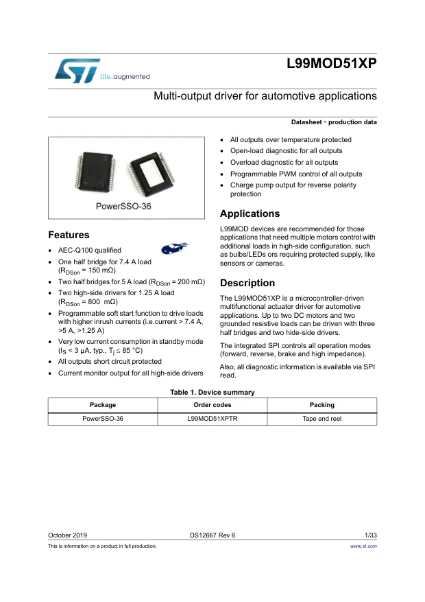 L99MOD51XPTR, Gate Drivers Multi-output Driver for Automotive Applications - Переключатели распределения питания, драйверы нагрузки файл 1