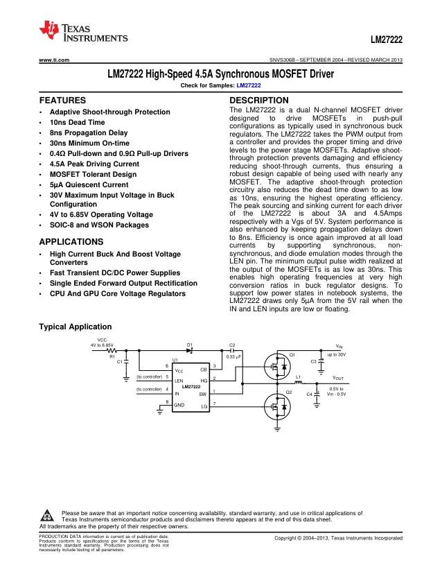 LM27222SD/NOPB, Gate Drivers 4.5-A 30-V half bri dge gate driver for - Переключатели распределения питания, драйверы нагрузки файл 1