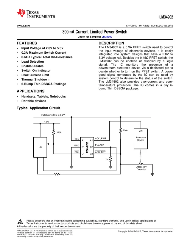 LM34902ITMX/NOPB, Power Switch ICs - Power Distribution 300mA Current Limite d PWR Switch A 595- A 595-LM34902ITM/NOPB - Переключатели распределения питания, драйверы нагрузки файл 1