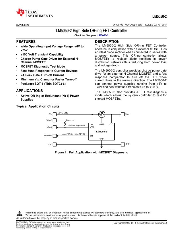 LM5050MK-2/NOPB, OR Controller N-Channel Single 6-Pin TSOT-23 T/R - Переключатели распределения питания, драйверы нагрузки файл 1
