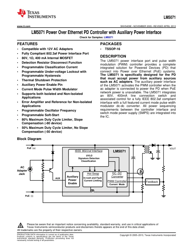 LM5071MTX-80/NOPB, Power Switch ICs - POE / LAN Pwr Over Ethernet PD Cntlr A 926-LM5071M A 926-LM5071MT-80/NOPB - Переключатели распределения питания, драйверы нагрузки файл 1