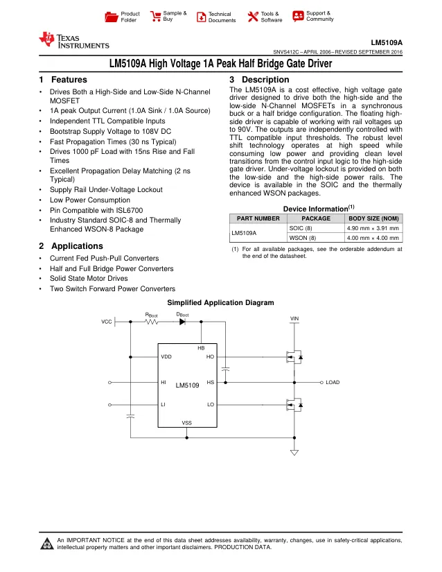 LM5109AMAX/NOPB, Driver 1A 2-OUT High Side/Low Side Half Brdg Non-Inv 8-Pin SOIC T/R - Переключатели распределения питания, драйверы нагрузки файл 1
