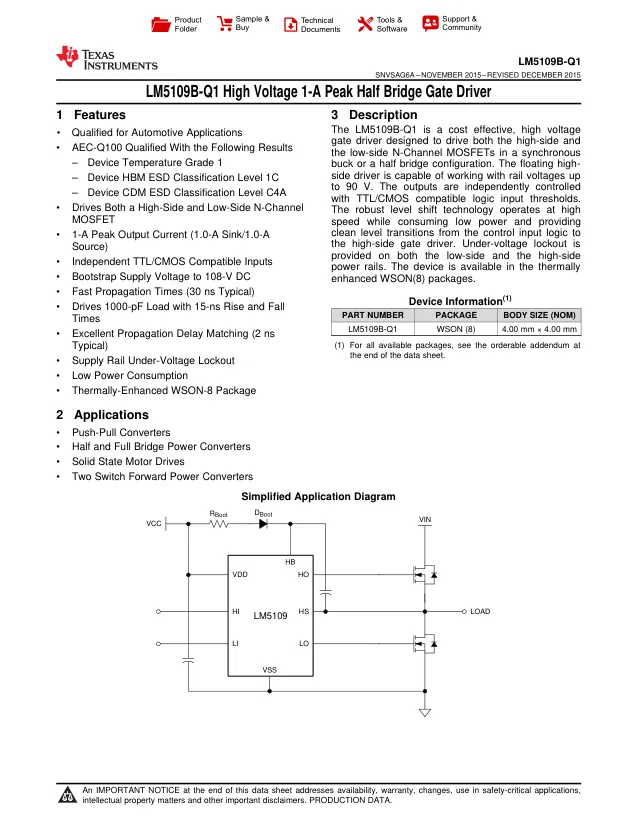 LM5109BQNGTTQ1, Gate Drivers High Volt 1A Peak Ha lf Bridge A 595-LM5 A 595-LM5109BQNGTRQ1 - Переключатели распределения питания, драйверы нагрузки файл 1