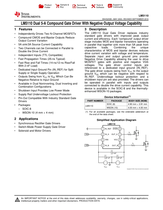 LM5110-1SD/NOPB, Gate Drivers Dual Low-Side Driver A 926-LM5110-1SDX/N A 926-LM5110-1SDX/NOPB - Переключатели распределения питания, драйверы нагрузки файл 1