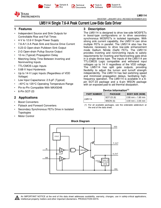 LM5114BMF/S7003110, Gate Drivers Sgl 7.6A Peak Currnt Lo-Side Gate Dvr A A 595-5114BMFXS7003094 - Переключатели распределения питания, драйверы нагрузки файл 1