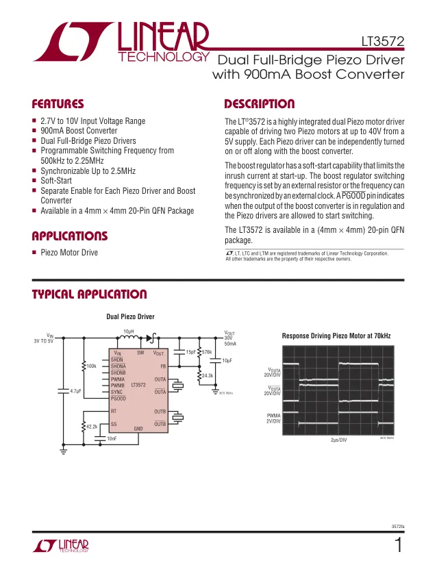 LT3572EUF#PBF, Dual Full-Bridge Piezo Driver 20-Pin QFN EP Tube - Переключатели распределения питания, драйверы нагрузки файл 1