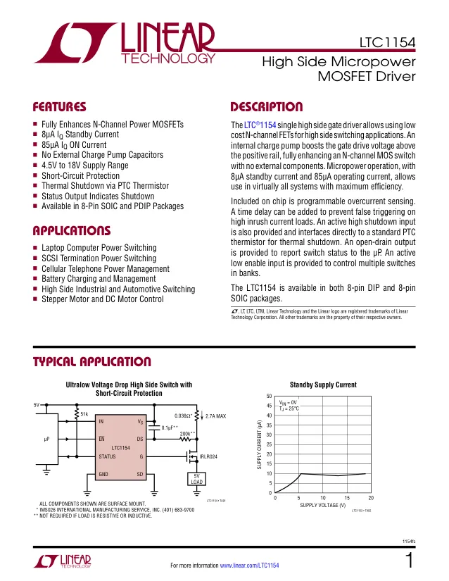 LTC1154CS8#PBF, Driver 0.1V 1-OUT High Side Inv 8-Pin SOIC N Tube - Переключатели распределения питания, драйверы нагрузки файл 1