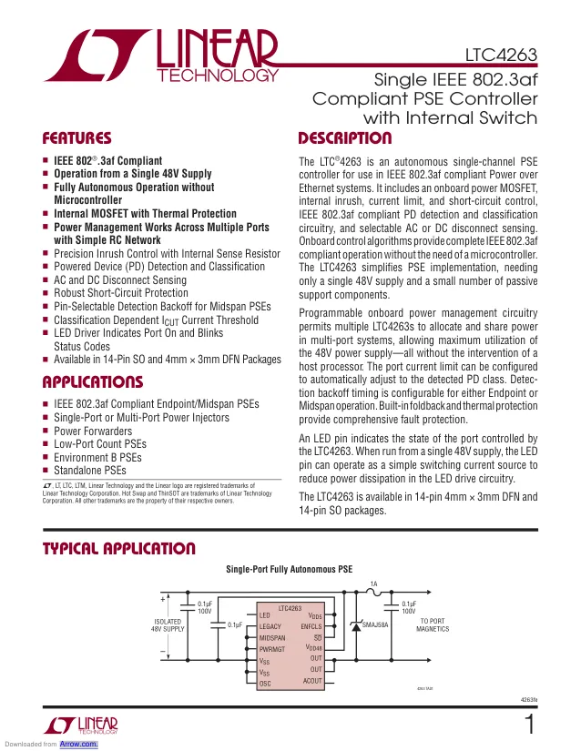 LTC4263IS#PBF, Power Over Ethernet PSE Controller 33V 66V 14-Pin SOIC N - Переключатели распределения питания, драйверы нагрузки файл 1