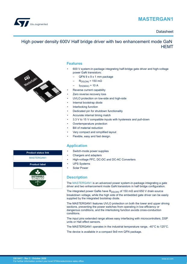 MASTERGAN1, Gate Drivers High power density 600V half-bridge driver with two enhancement mode GaN HEMTs - Переключатели распределения питания, драйверы нагрузки файл 1