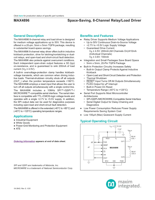 MAX4896ATP+T,RELAY/LOAD DRIVER, -40 TO 125DEG C - Переключатели распределения питания, драйверы нагрузки файл 1