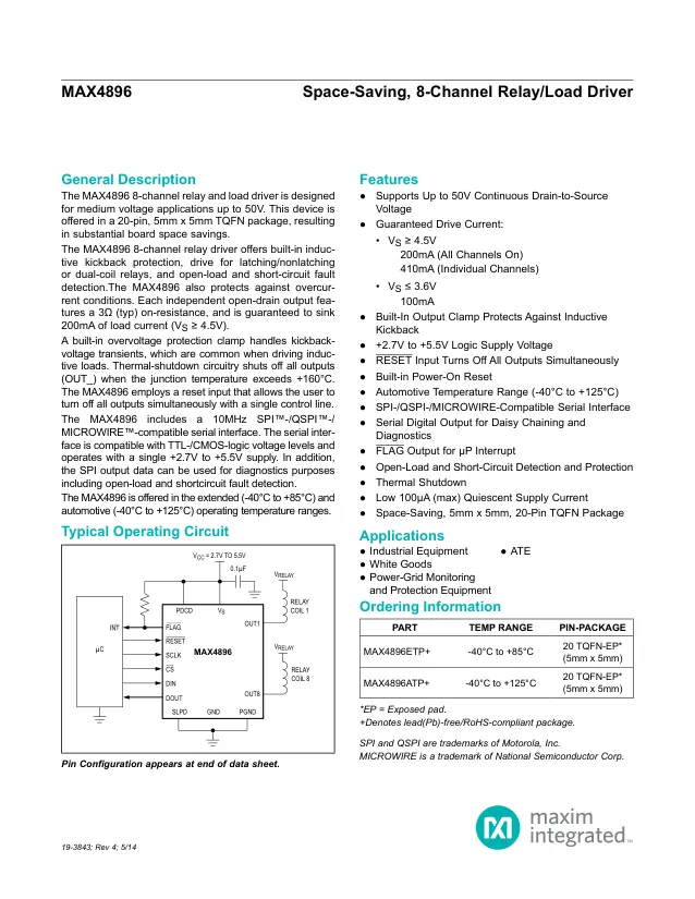 MAX4896ETP+T, Relay/Load Driver, 8 Outputs, 2.7V to 5.5V Supply, 200mA Out, TQFN-EP-20 - Переключатели распределения питания, драйверы нагрузки файл 1