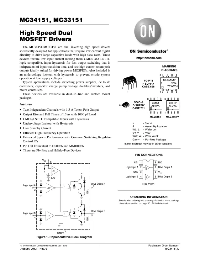 MC33151VDR2G,MOSFET Driver, Inverting, Dual, 6.5V to 18V Supply, 1.5A Out, 36ns Delay, SOIC-8 - Переключатели распределения питания, драйверы нагрузки файл 1