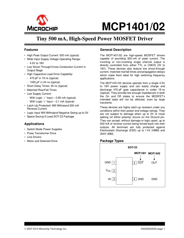 MCP1401T-E/OT, Микросхема MOSFET Driver 0,5A SOT23-5 - Переключатели распределения питания, драйверы нагрузки файл 1