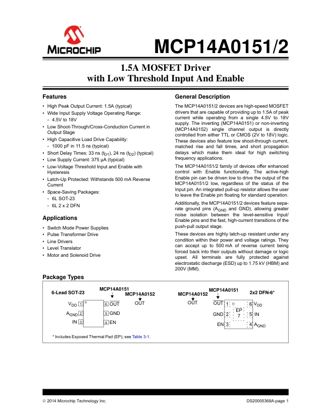 MCP14A0152T-E/CH, Gate Drivers MOSFET Driver 1.5A single, SOT-23 - Переключатели распределения питания, драйверы нагрузки файл 1