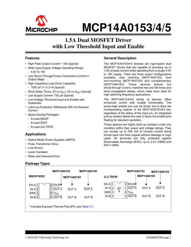 MCP14A0155-E/SN, Gate Drivers 1.5A Dual MOSFET Driver - Переключатели распределения питания, драйверы нагрузки файл 1
