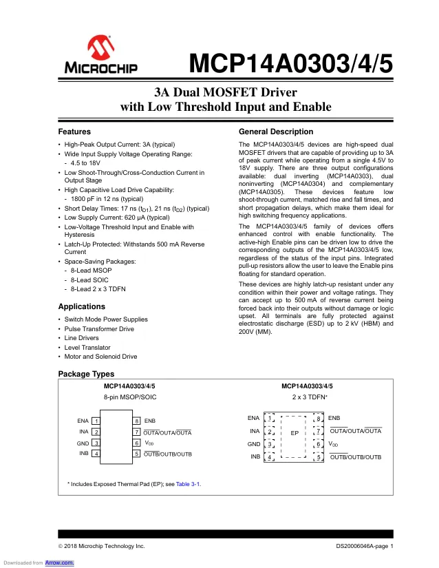 MCP14A0303T-E/MNY, Driver 3A 2-OUT Low Side Half Brdg Inv 8-Pin TDFN EP T/R - Переключатели распределения питания, драйверы нагрузки файл 1