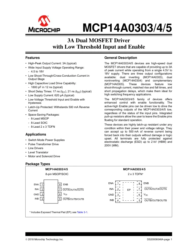 MCP14A0304T-E/SN, Gate Drivers 3.0A Matched, High -speed, Low-side Non-Inv MOSFET Drvr - Переключатели распределения питания, драйверы нагрузки файл 1