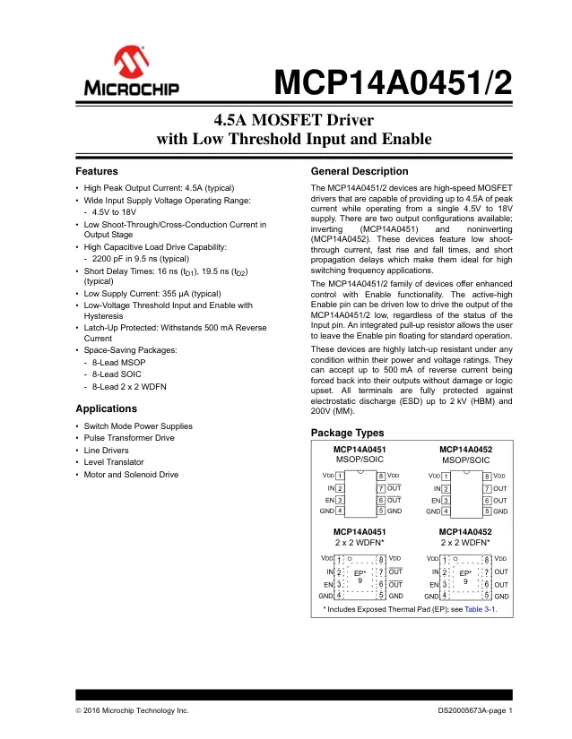 MCP14A0451-E/SN, MOSFET Driver, Low Side, 4.5V to 18V Supply, 4.5A Out, 20ns Delay, SOIC-8 - Переключатели распределения питания, драйверы нагрузки файл 1