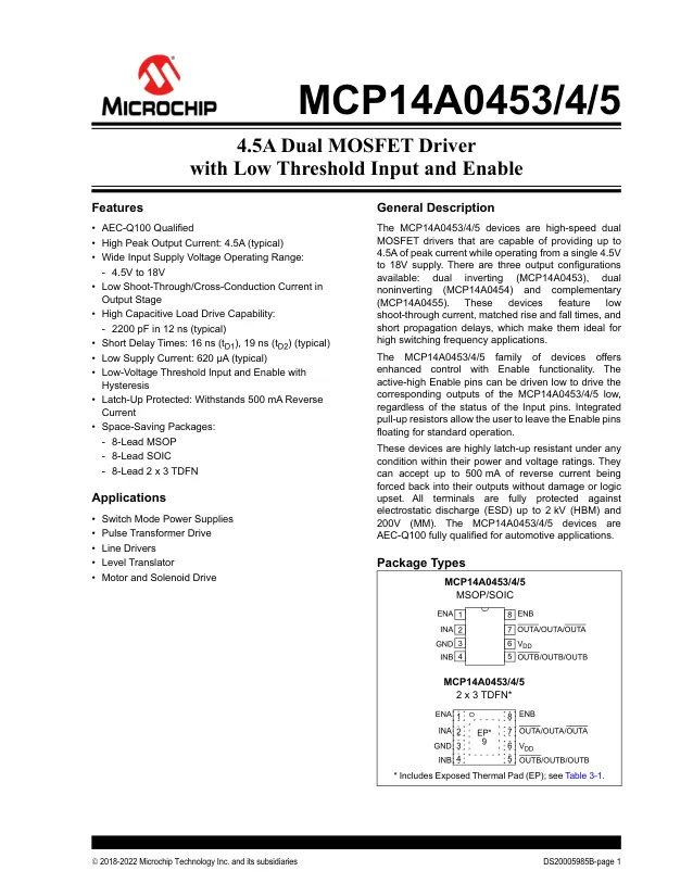 MCP14A0453-E/SN, Gate Drivers 4.5A Dual Inv Matched, High-speed, Low-side MOSFET Driver - Переключатели распределения питания, драйверы нагрузки файл 1