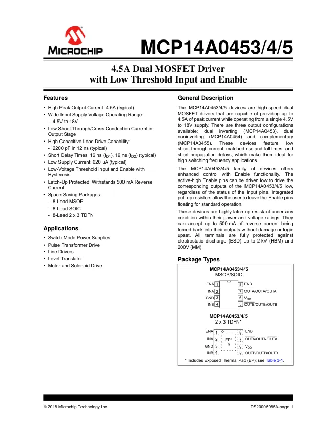 MCP14A0454-E/MS, Gate Drivers 4.5A Dual Non-Inv Matched, High-speed, Low-side MOSFET Driver - Переключатели распределения питания, драйверы нагрузки файл 1