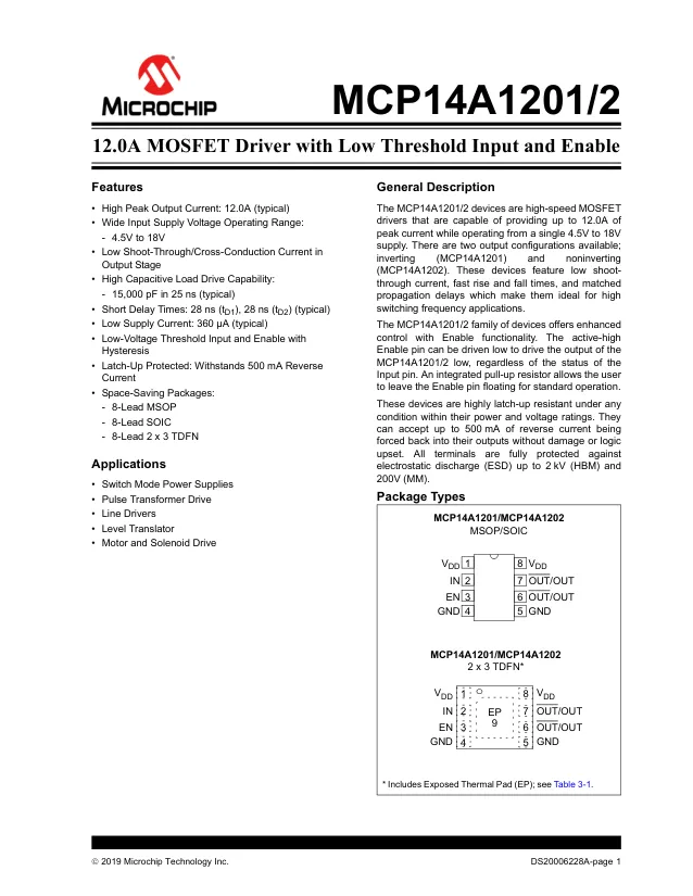MCP14A1201-E/MS, Gate Drivers 12.0A Single Inverting MOSFET Driver, Low Threshold with Enable Pin, MSOP8 - Переключатели распределения питания, драйверы нагрузки файл 1