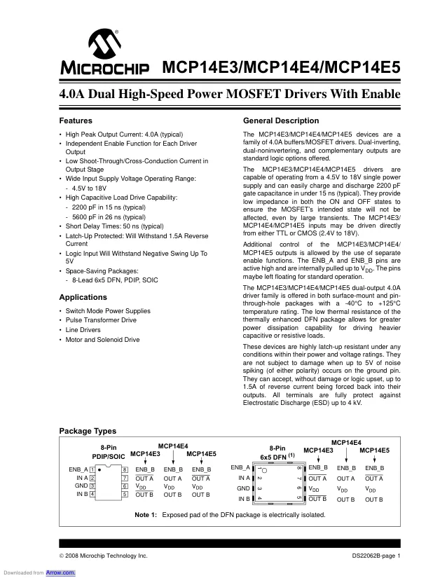 MCP14E4T-E/SN, Gate Drivers 45A Dual MOSFET Driver - Переключатели распределения питания, драйверы нагрузки файл 1