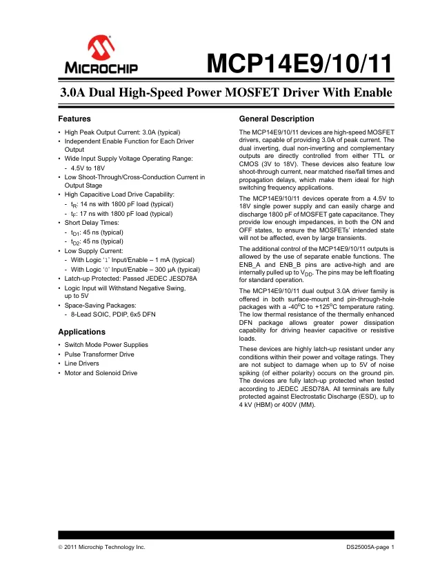MCP14E9-E/SN, Gate Drivers 2A MOSFET Driver - Переключатели распределения питания, драйверы нагрузки файл 1