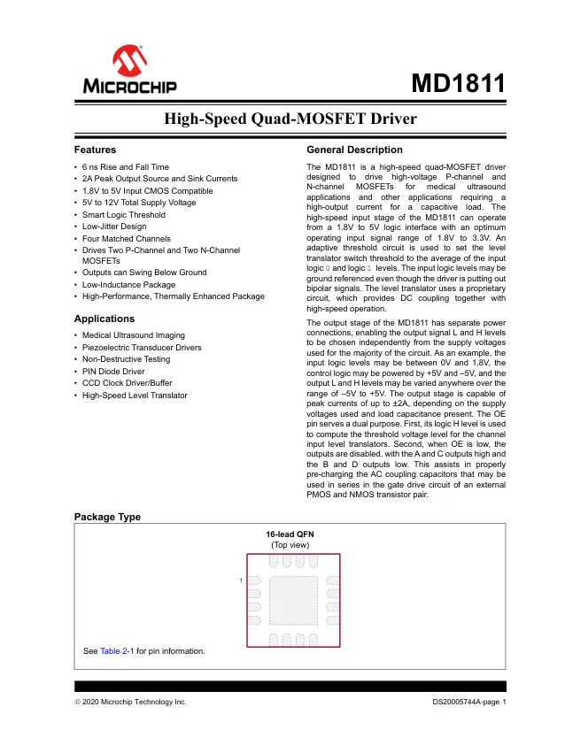 MD1811K6-G, Driver 2A 4-OUT High Side/Low Side Inv 16-Pin QFN EP T/R - Переключатели распределения питания, драйверы нагрузки файл 1