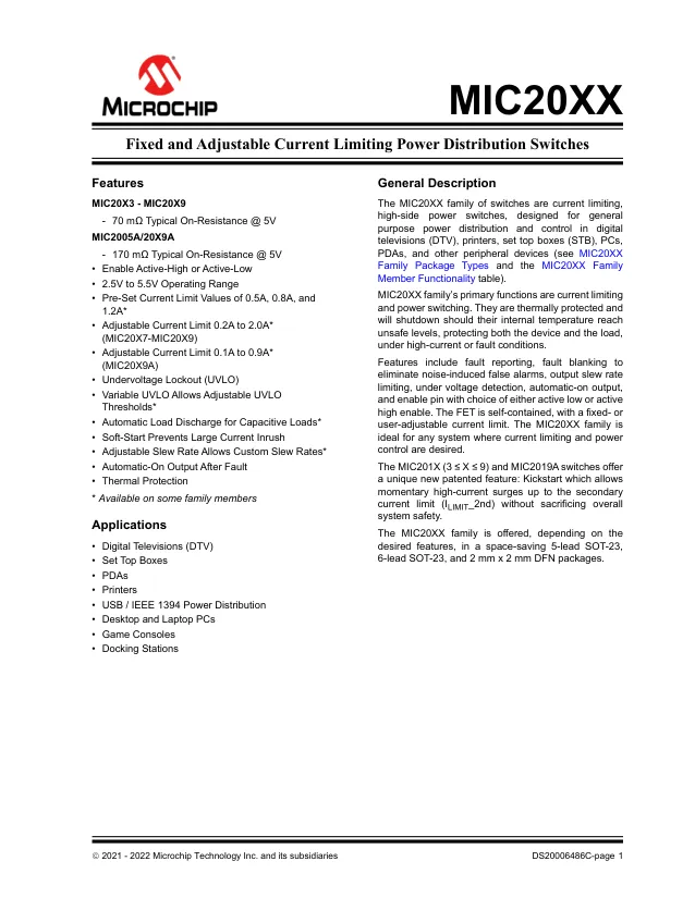 MIC2003-0.5YM5-TR, Power Switch ICs - Power Distribution Fixed Current Limit Single High-Side Switch - 0.5A - Переключатели распределения питания, драйверы нагрузки файл 1